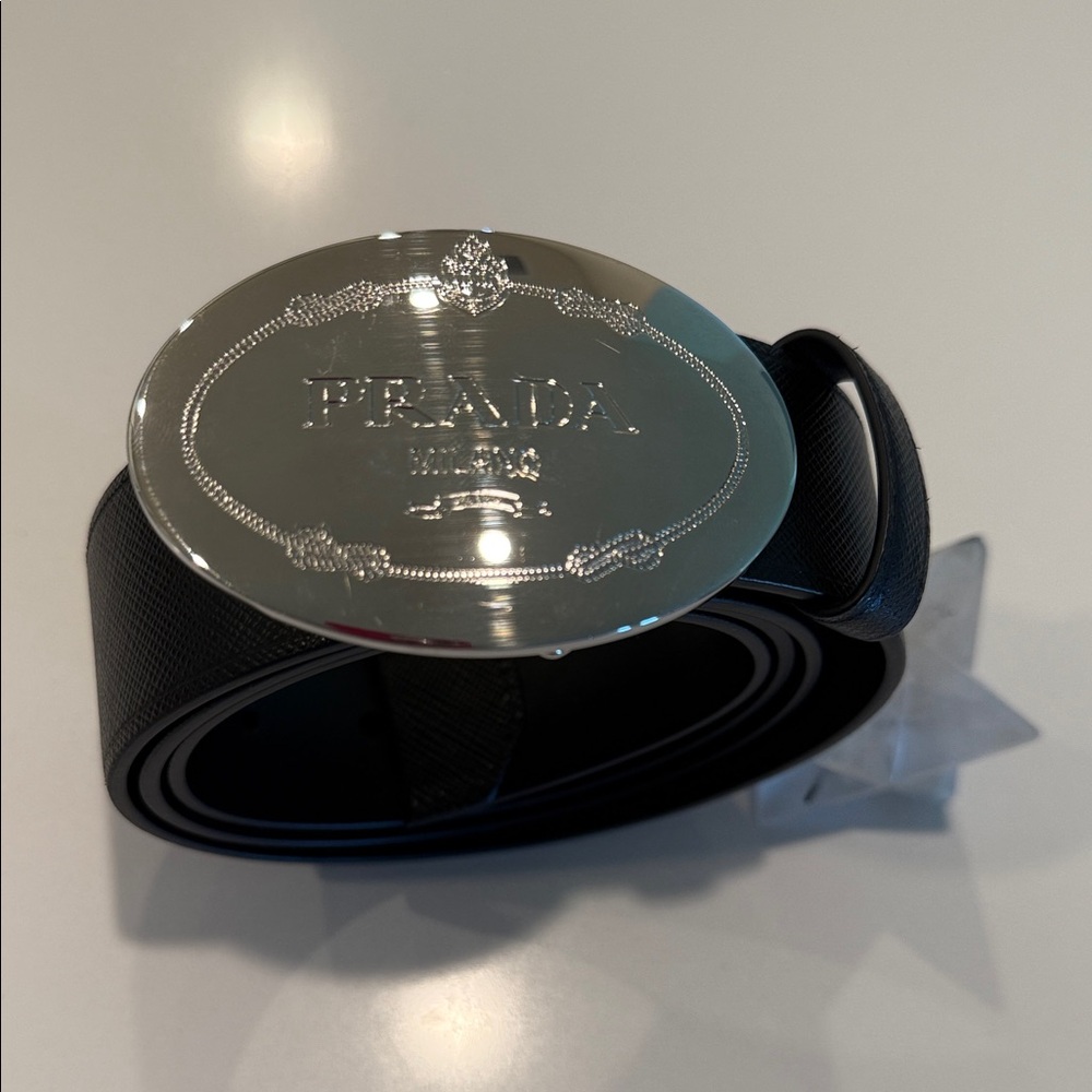 Prada Black Leather Belt with Polished Silver Emblem